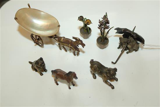 Austrian cold-painted bronze pug & umbrella group, 2 other pugs & 4 other miniature models